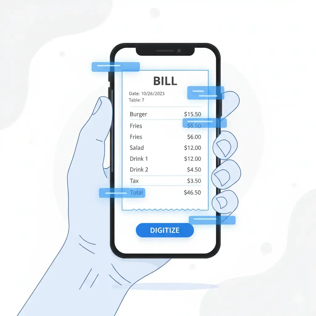 Upload receipt screen showing AI parsing receipt items